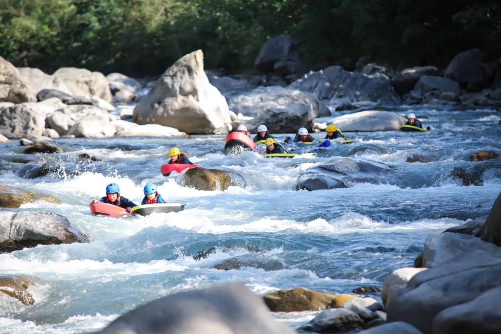 White water swimming or Hydrospeed on the Ubaye in the shark tooth rapids