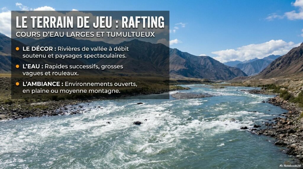 Descente en rafting sur la rivière avec des paysage de montagne.