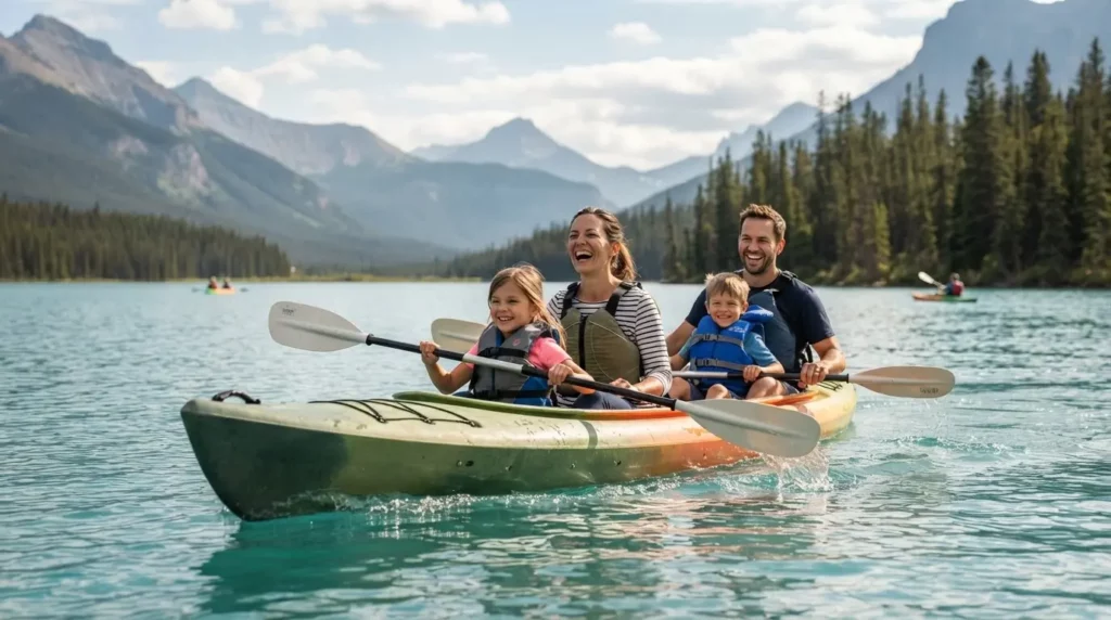 Une famille souriante en kayak navigue