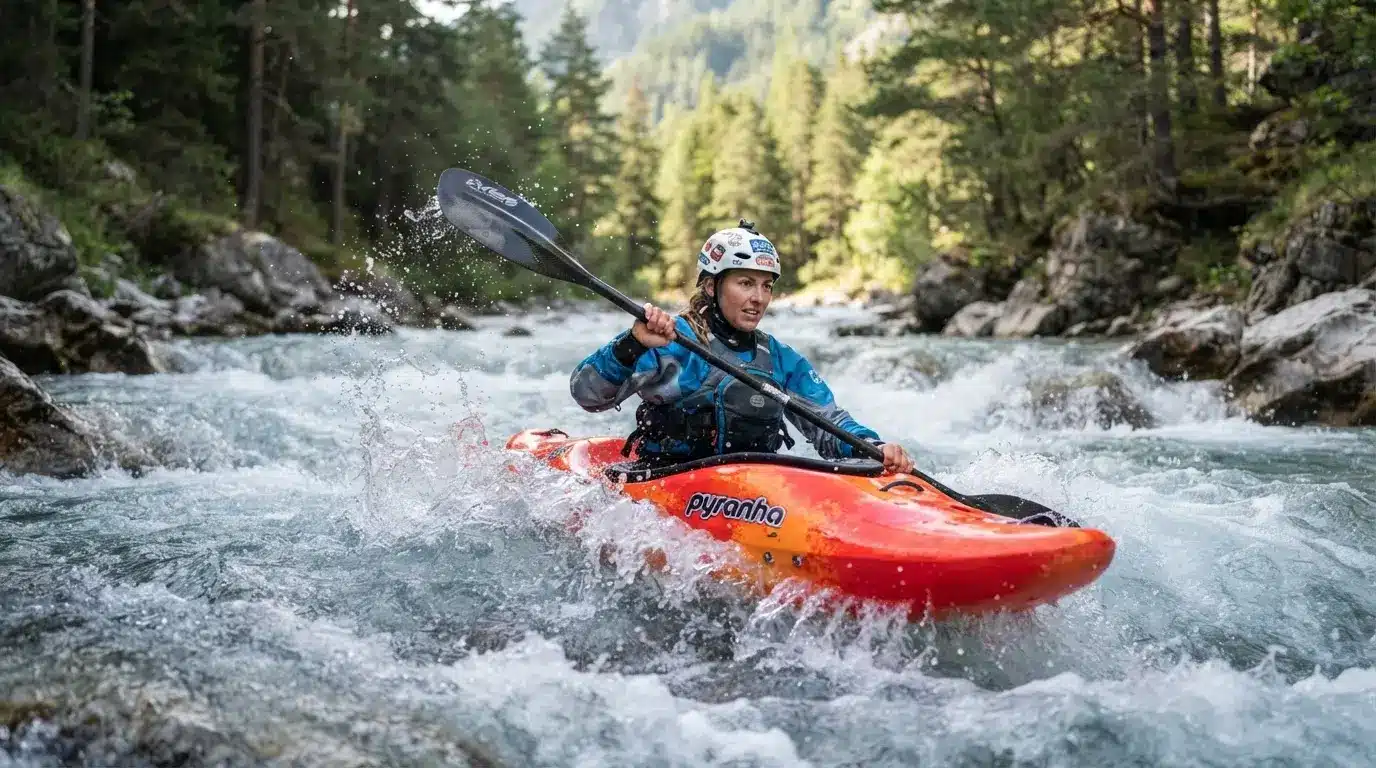 Un kayakiste naviguant avec dynamisme sur une rivière