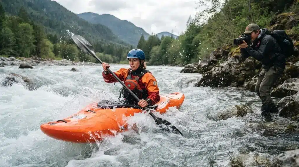 An action shot of a kayaker and a person