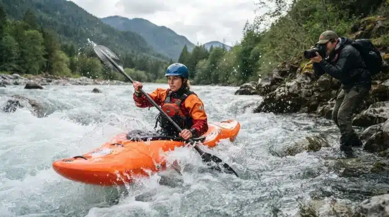 An action shot of a kayaker and a person