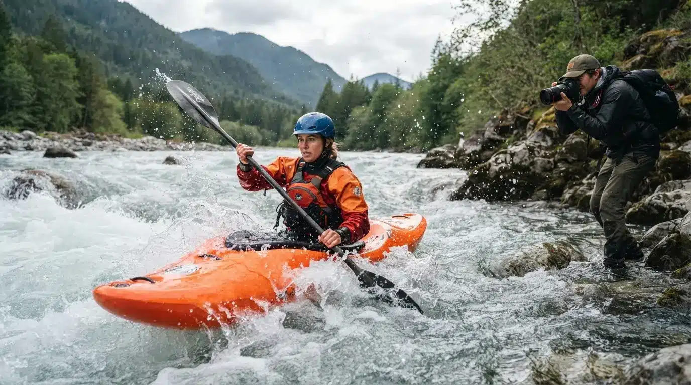 An action shot of a kayaker and a person